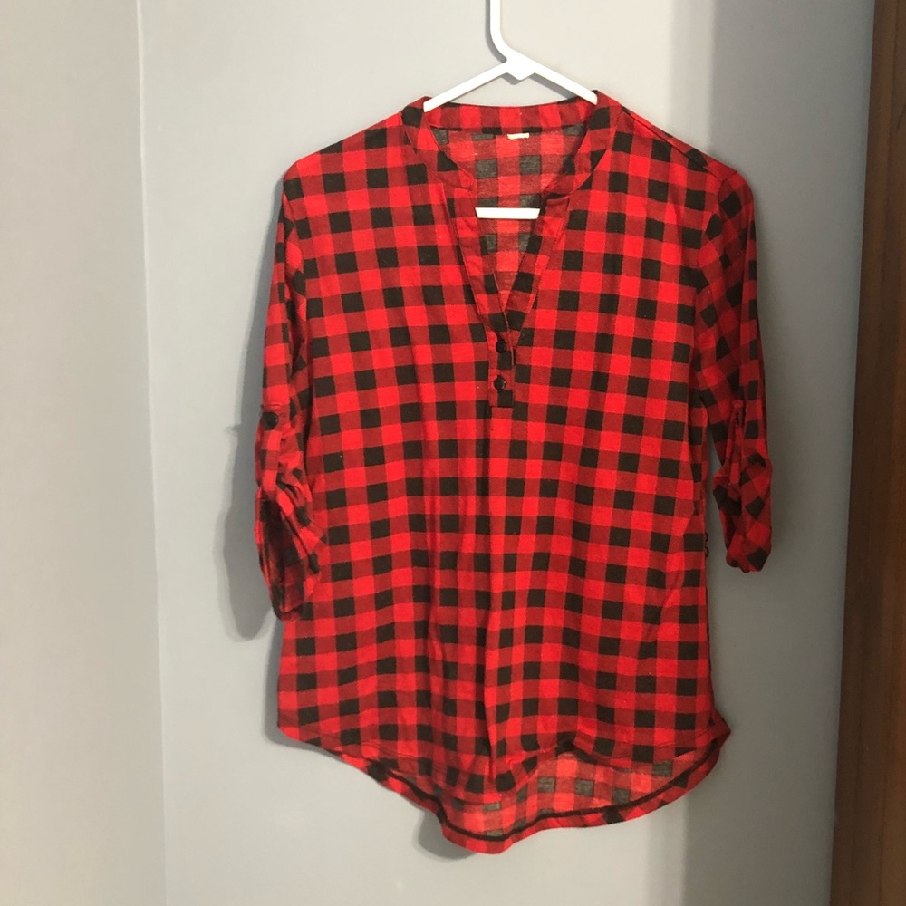 Red black lumberjack plaid flannel shirt M